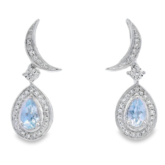Pear Aquamarine Diamond Halo Dangle Earrings White Gold 10kt - Gems by Gigi