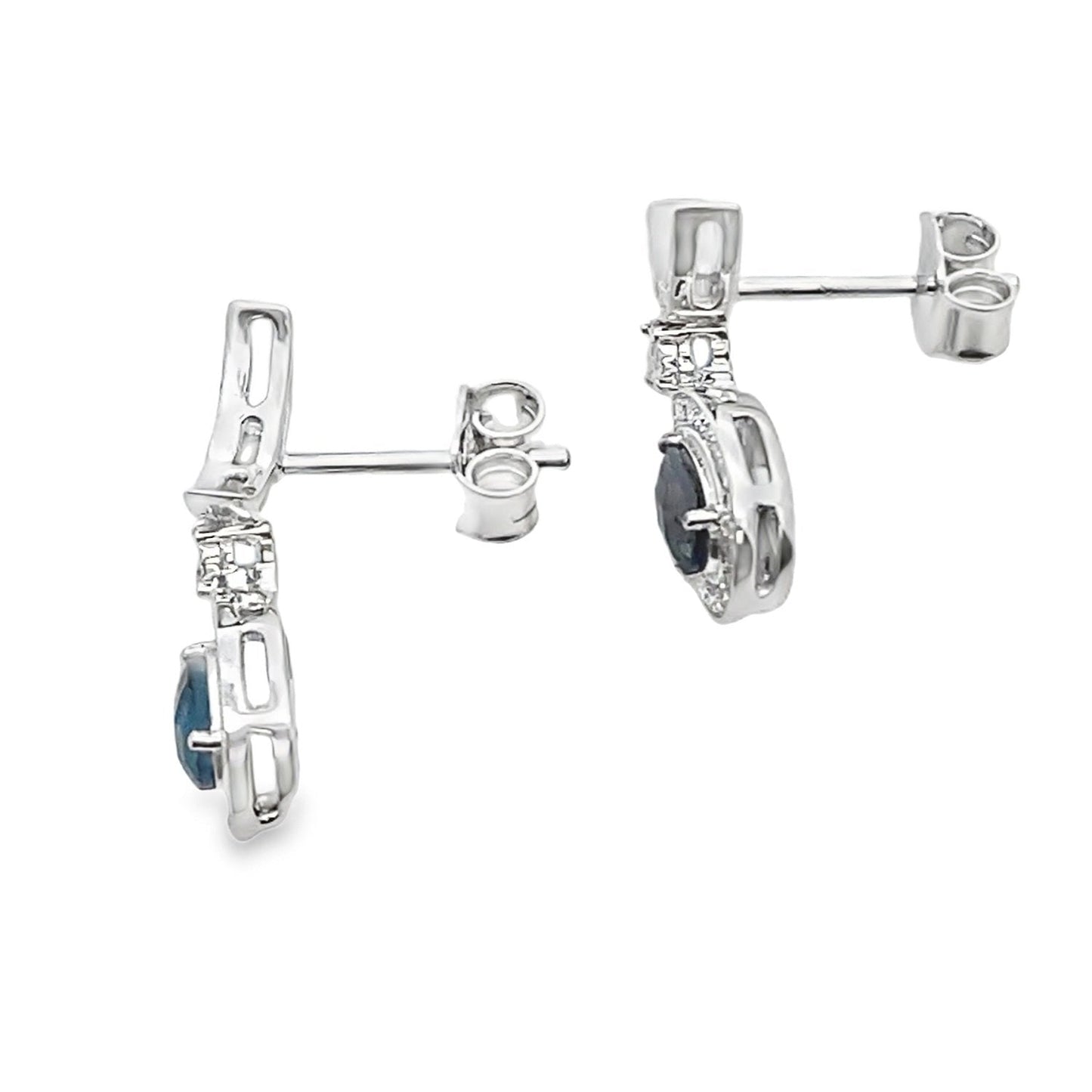 Pear London Blue Topaz Diamond Halo Dangle Earrings White Gold 10kt - Gems by Gigi