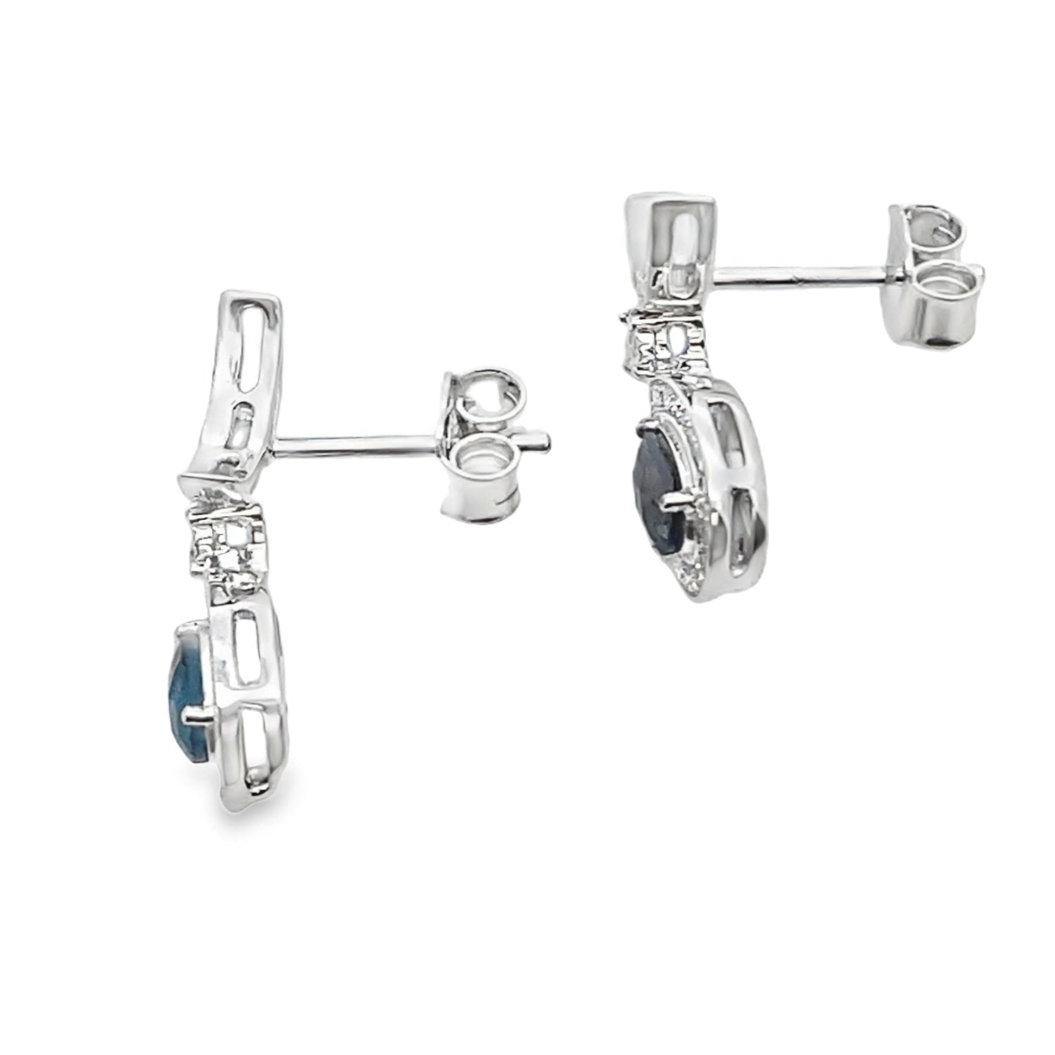 Pear London Blue Topaz Diamond Halo Dangle Earrings White Gold 10kt - Gems by Gigi