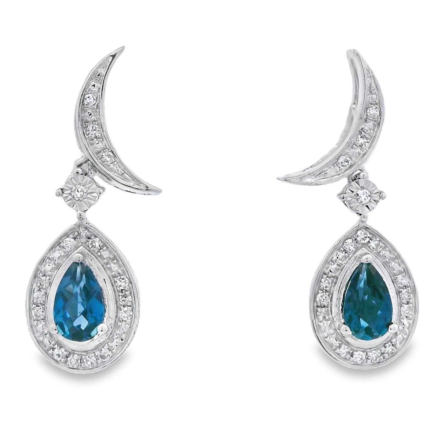 Pear London Blue Topaz Diamond Halo Dangle Earrings White Gold 10kt - Gems by Gigi