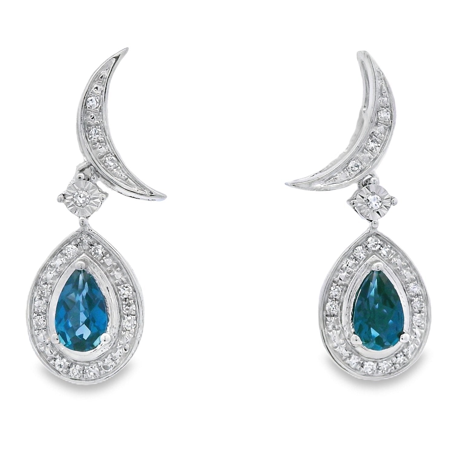 Pear London Blue Topaz Diamond Halo Dangle Earrings White Gold 10kt - Gems by Gigi