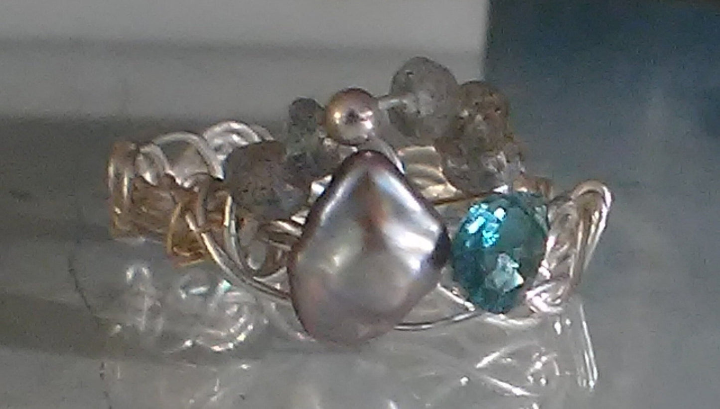 Pearl Ring Indicolite Tourmaline Labradorite Sterling Silver 18kt Gold - Gems by Gigi