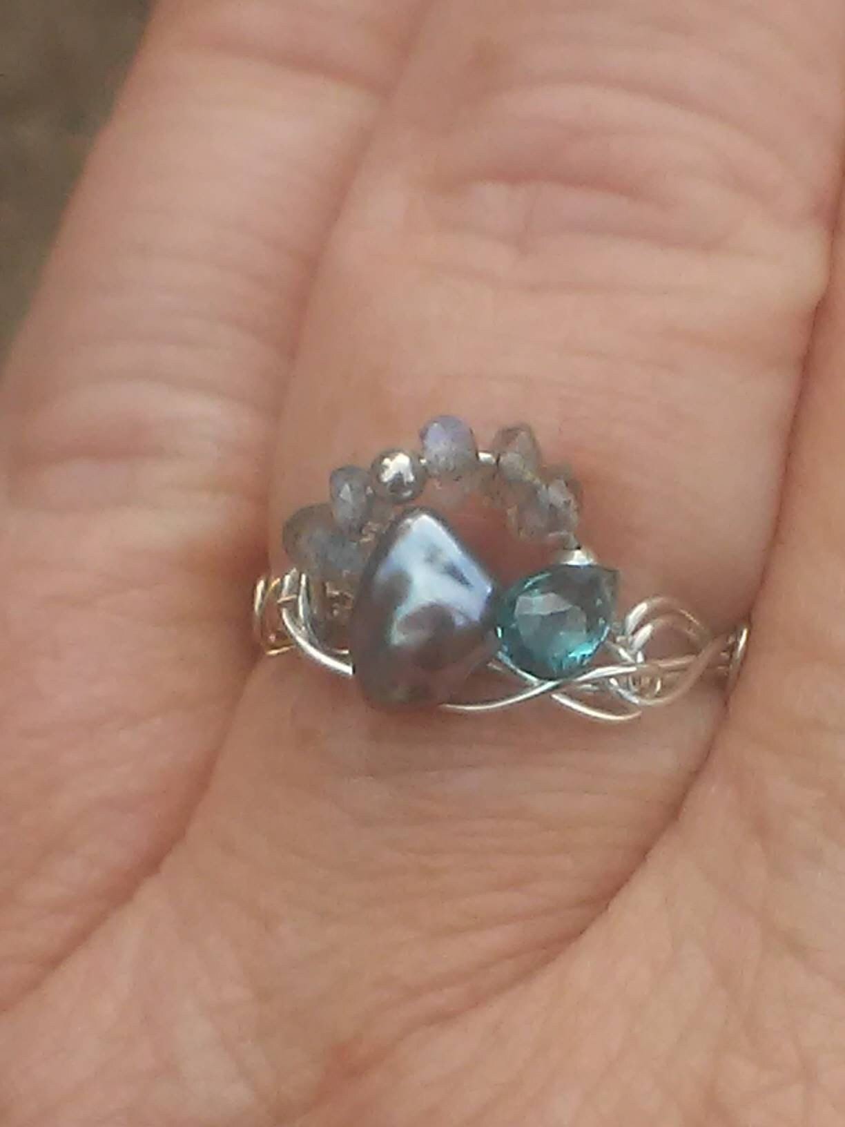 Pearl Ring Indicolite Tourmaline Labradorite Sterling Silver 18kt Gold - Gems by Gigi