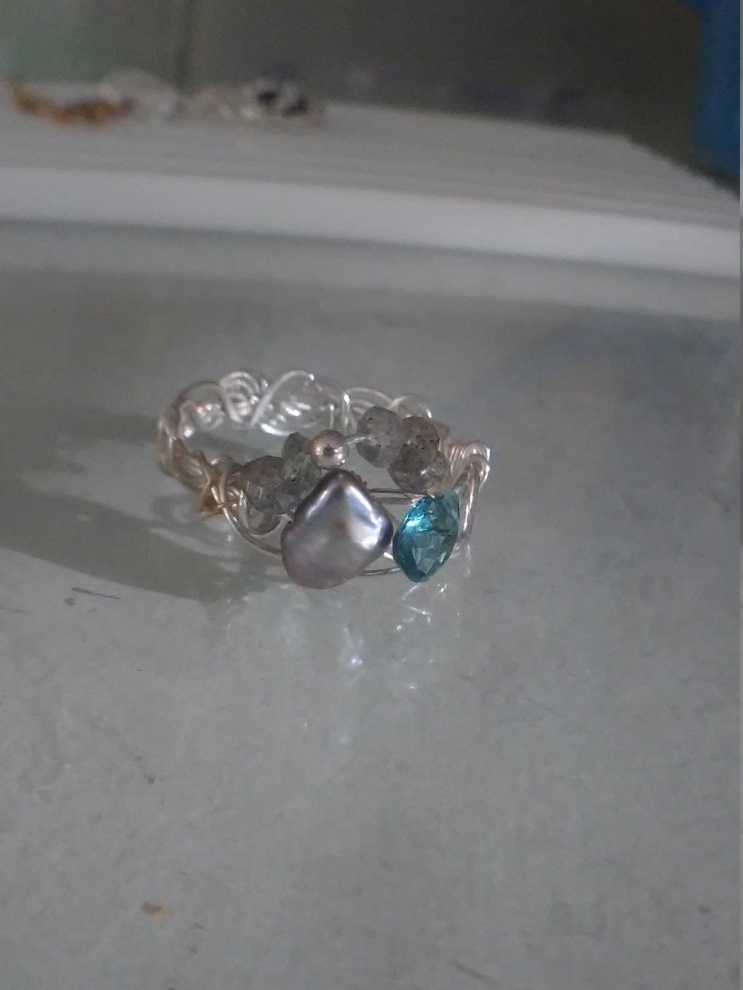 Pearl Ring Indicolite Tourmaline Labradorite Sterling Silver 18kt Gold - Gems by Gigi