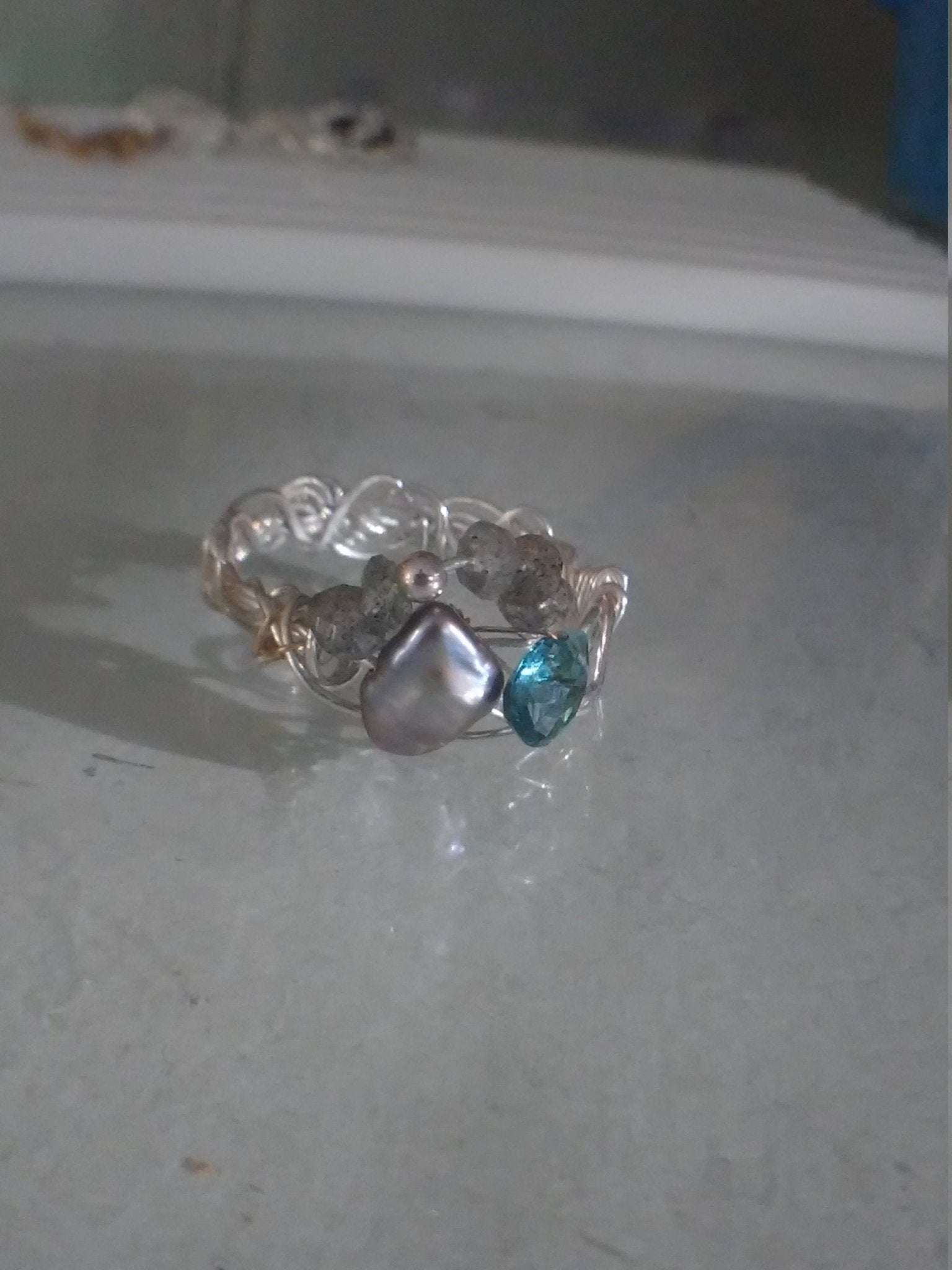 Pearl Ring Indicolite Tourmaline Labradorite Sterling Silver 18kt Gold - Gems by Gigi