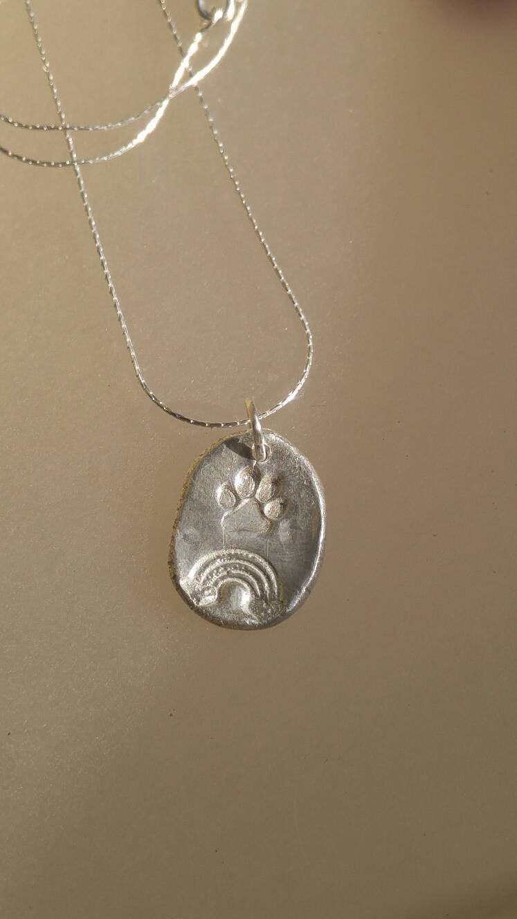 Pet Paw Memorial Pendant Crossing Rainbow Bridge Charm Sterling Silver - Gems by Gigi