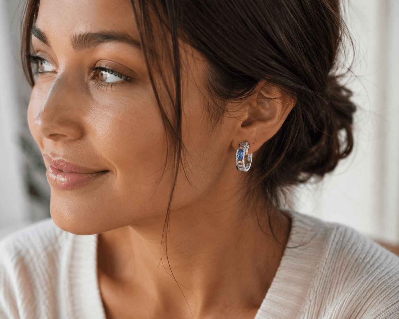 Pink Blue Sapphire Diamond Huggie Hoop Earrings White Gold 14kt - Gems by Gigi