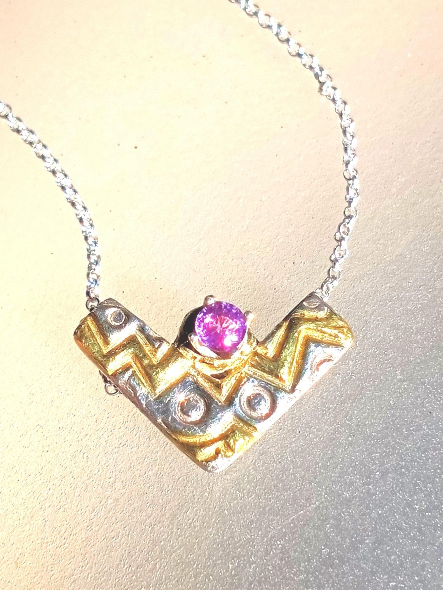 Pink Sapphire Chevron Pendant Zig Zag Fine Silver 22kt Gold - Gems by Gigi