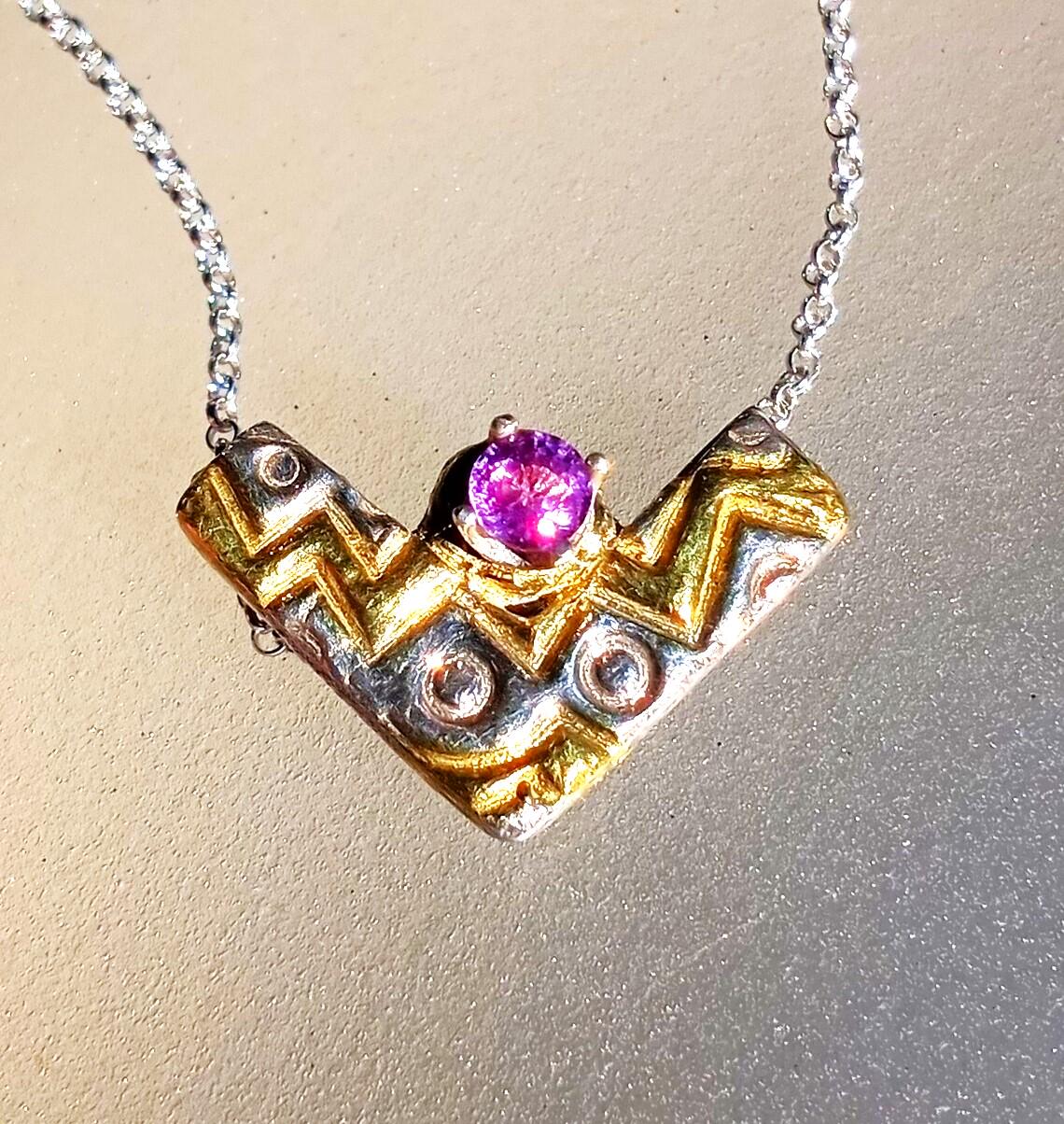 Pink Sapphire Chevron Pendant Zig Zag Fine Silver 22kt Gold - Gems by Gigi