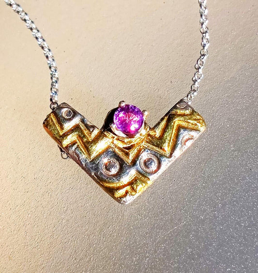 Pink Sapphire Chevron Pendant Zig Zag Fine Silver 22kt Gold - Gems by Gigi