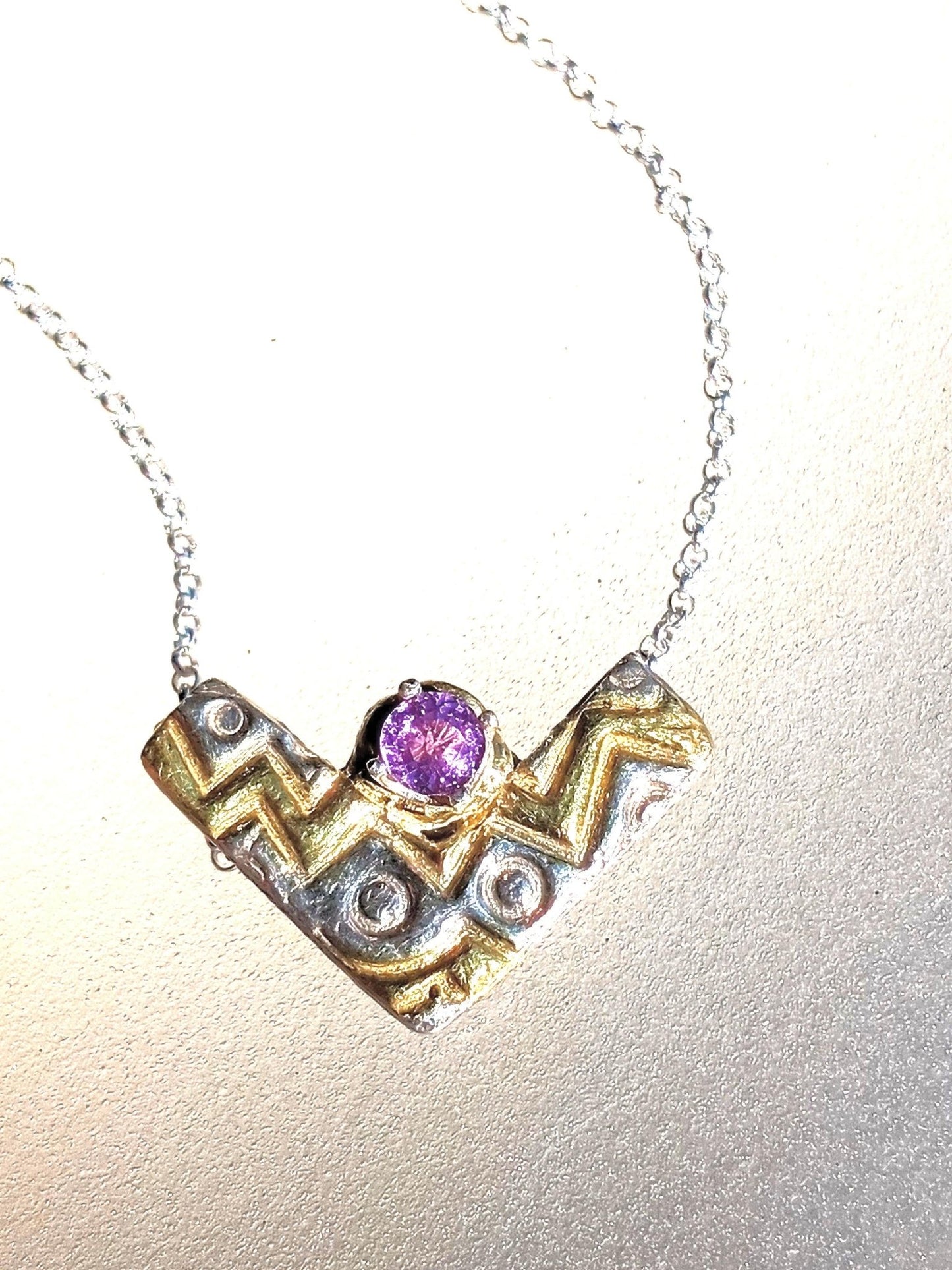 Pink Sapphire Chevron Pendant Zig Zag Fine Silver 22kt Gold - Gems by Gigi
