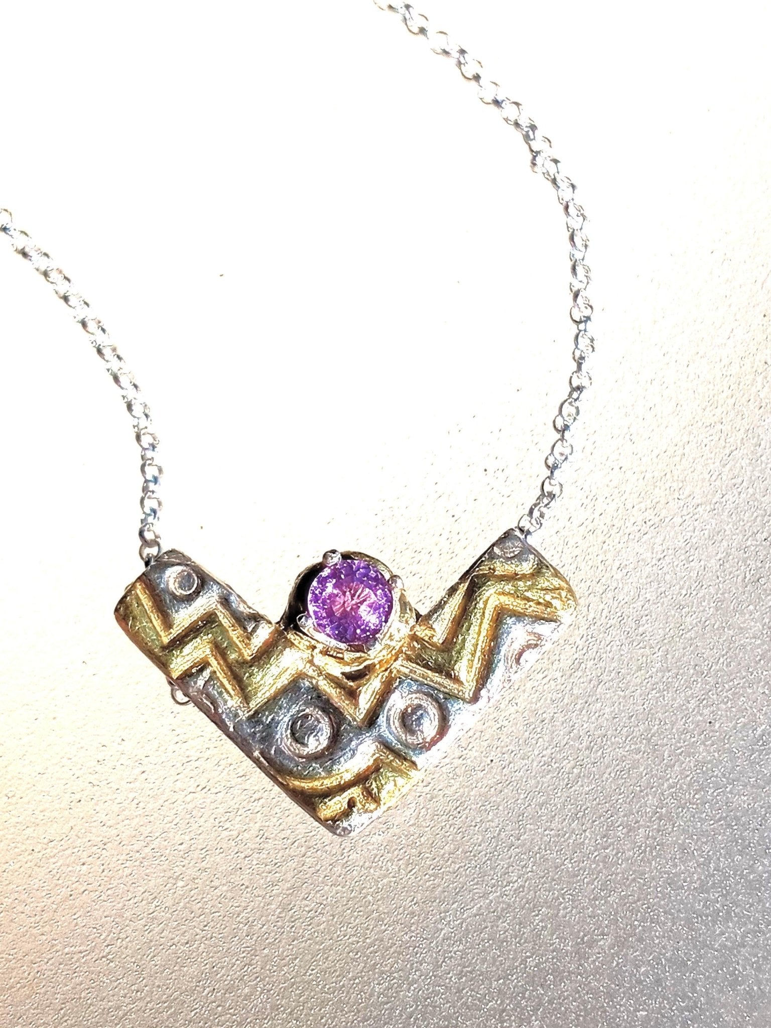 Pink Sapphire Chevron Pendant Zig Zag Fine Silver 22kt Gold - Gems by Gigi