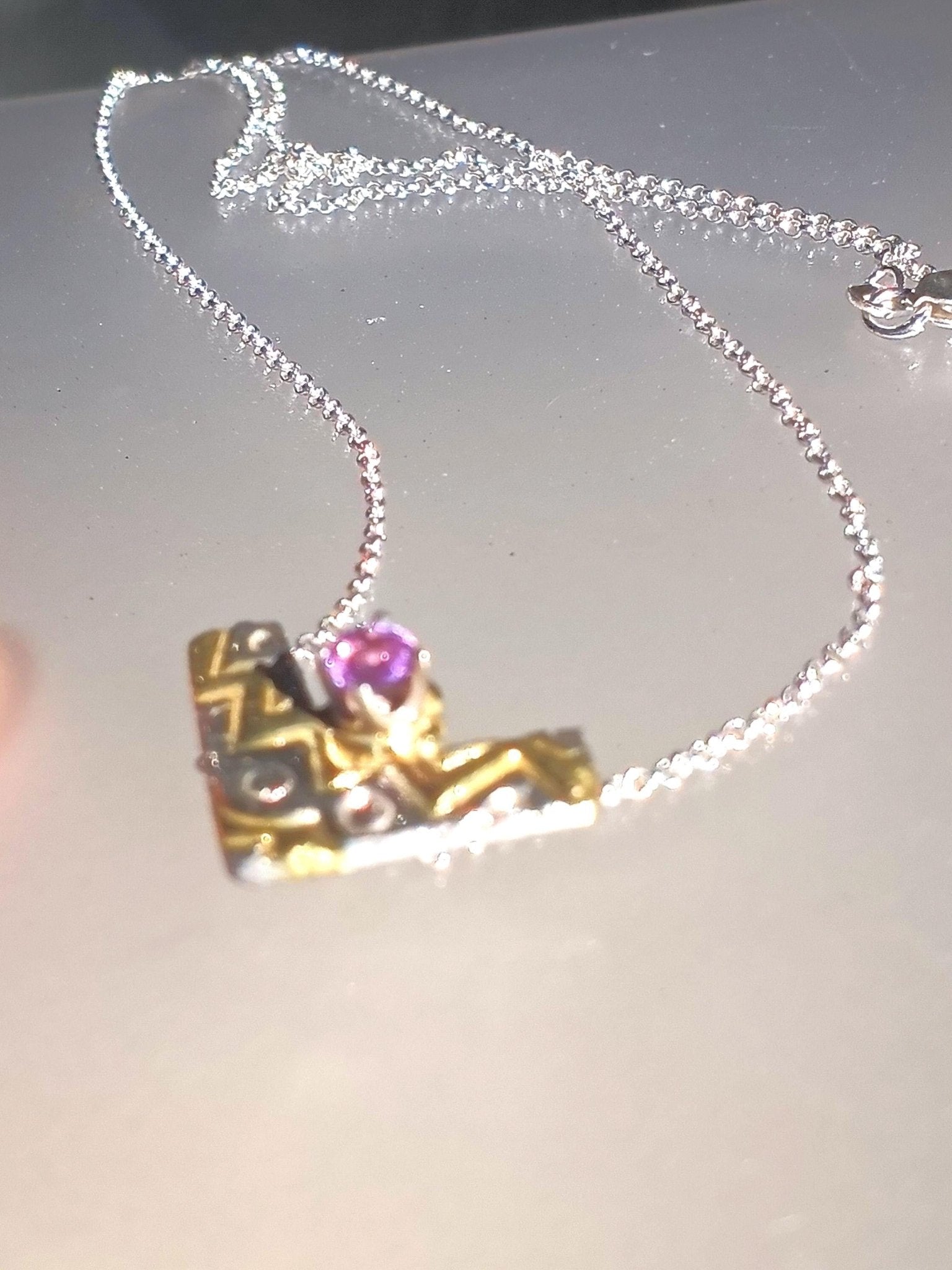 Pink Sapphire Chevron Pendant Zig Zag Fine Silver 22kt Gold - Gems by Gigi