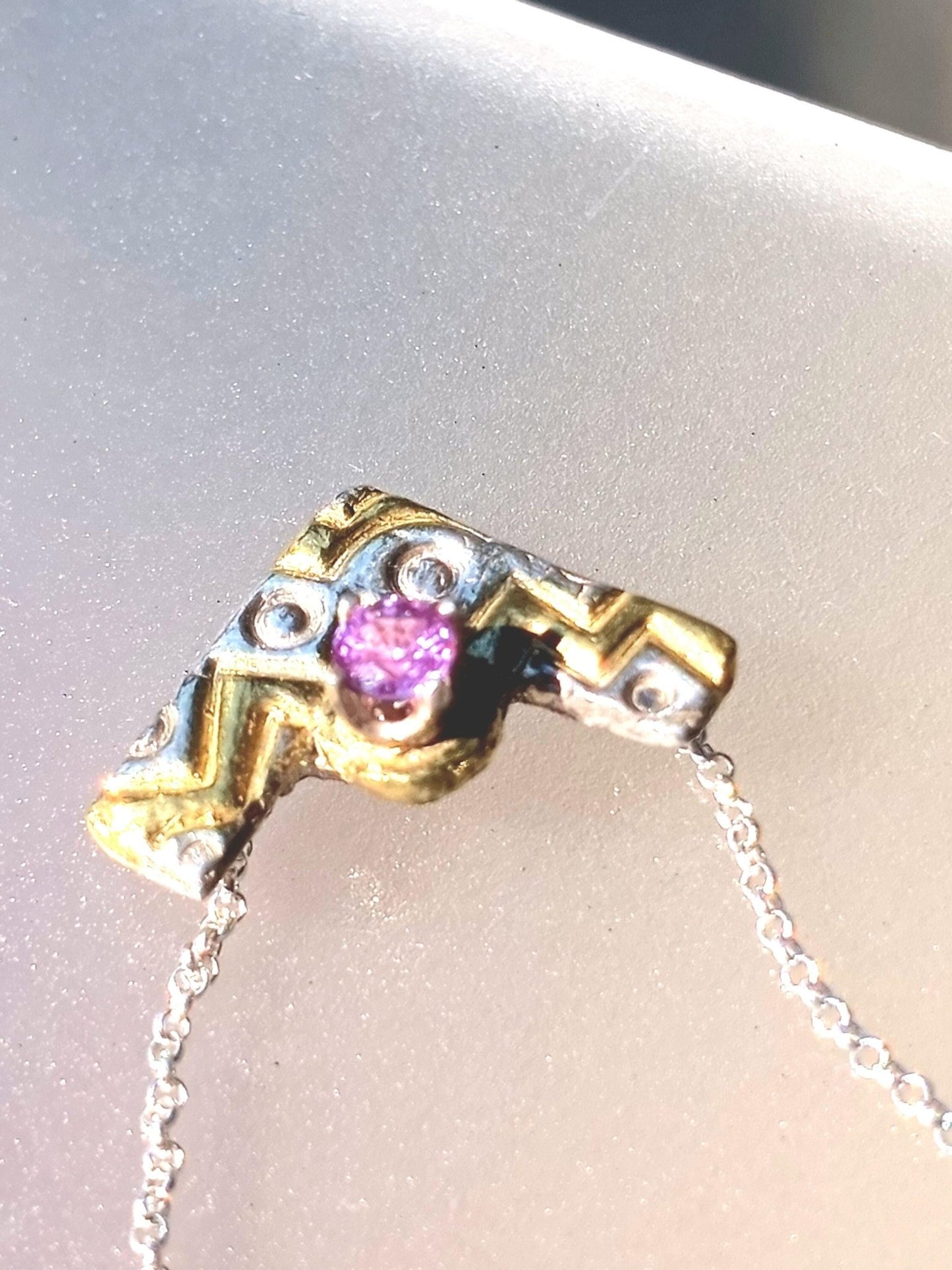Pink Sapphire Chevron Pendant Zig Zag Fine Silver 22kt Gold - Gems by Gigi
