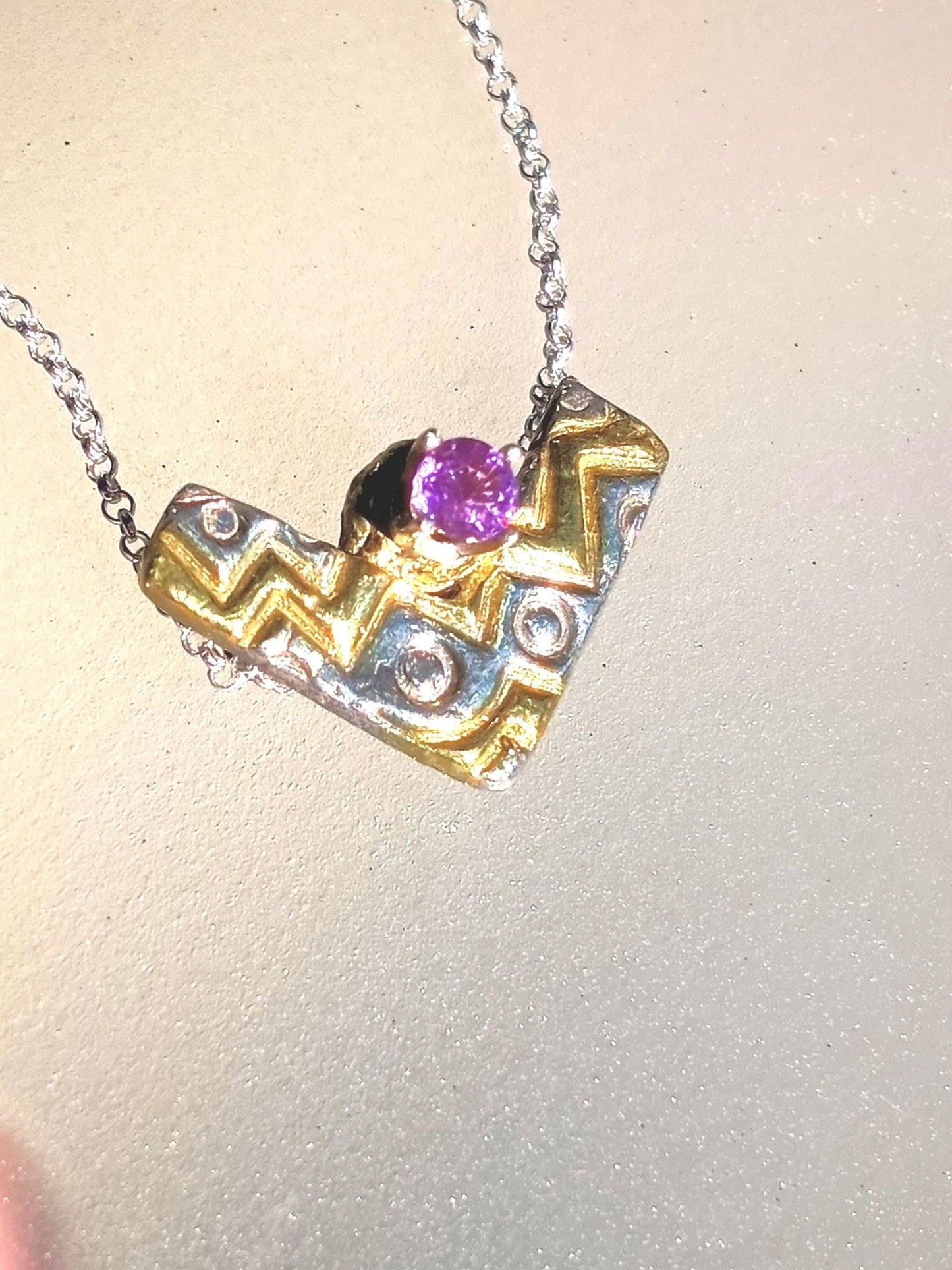 Pink Sapphire Chevron Pendant Zig Zag Fine Silver 22kt Gold - Gems by Gigi
