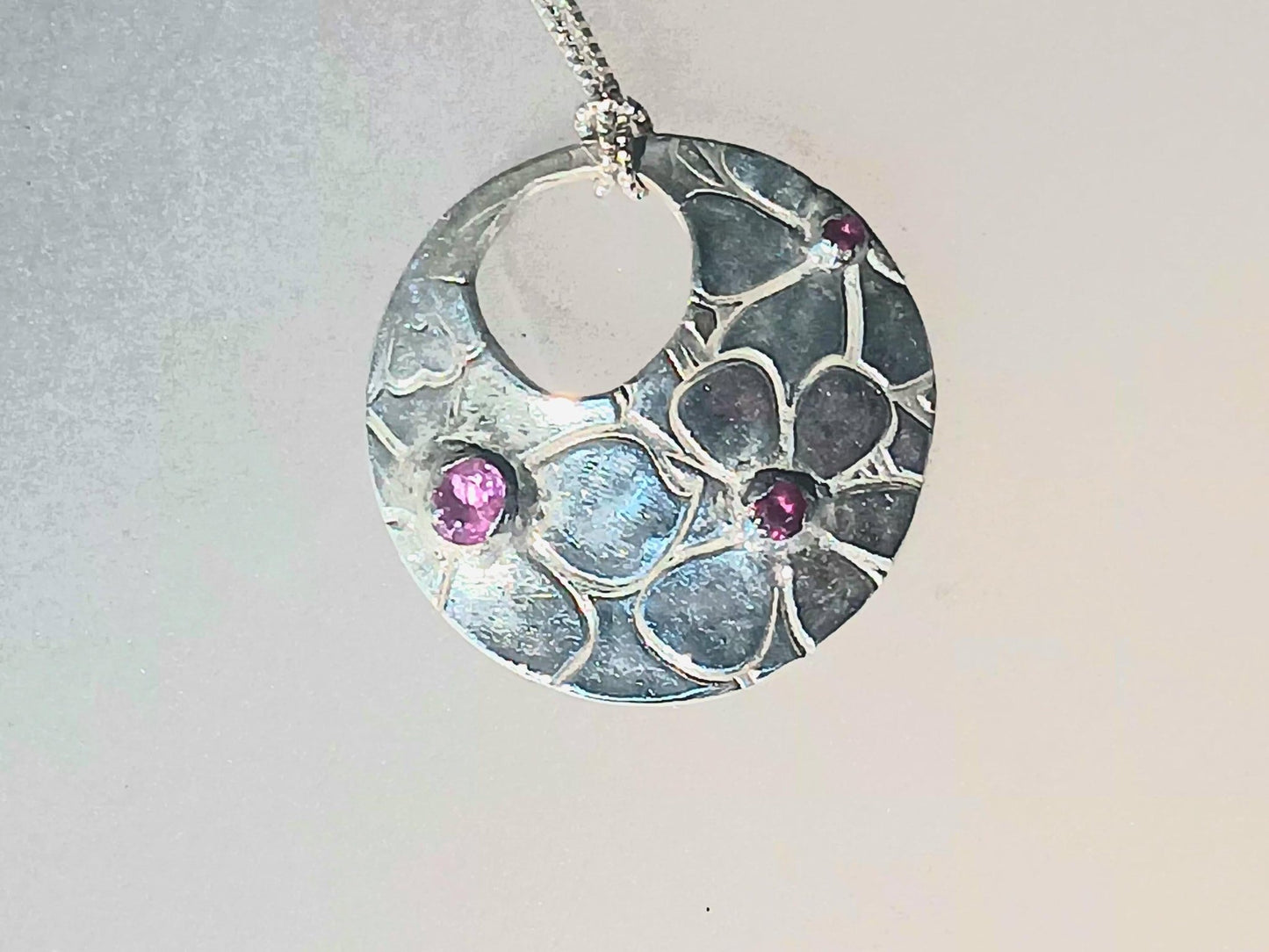Pink Sapphire Ruby Flower Pendant Fine Silver with Sterling Silver Chain - Gems by Gigi