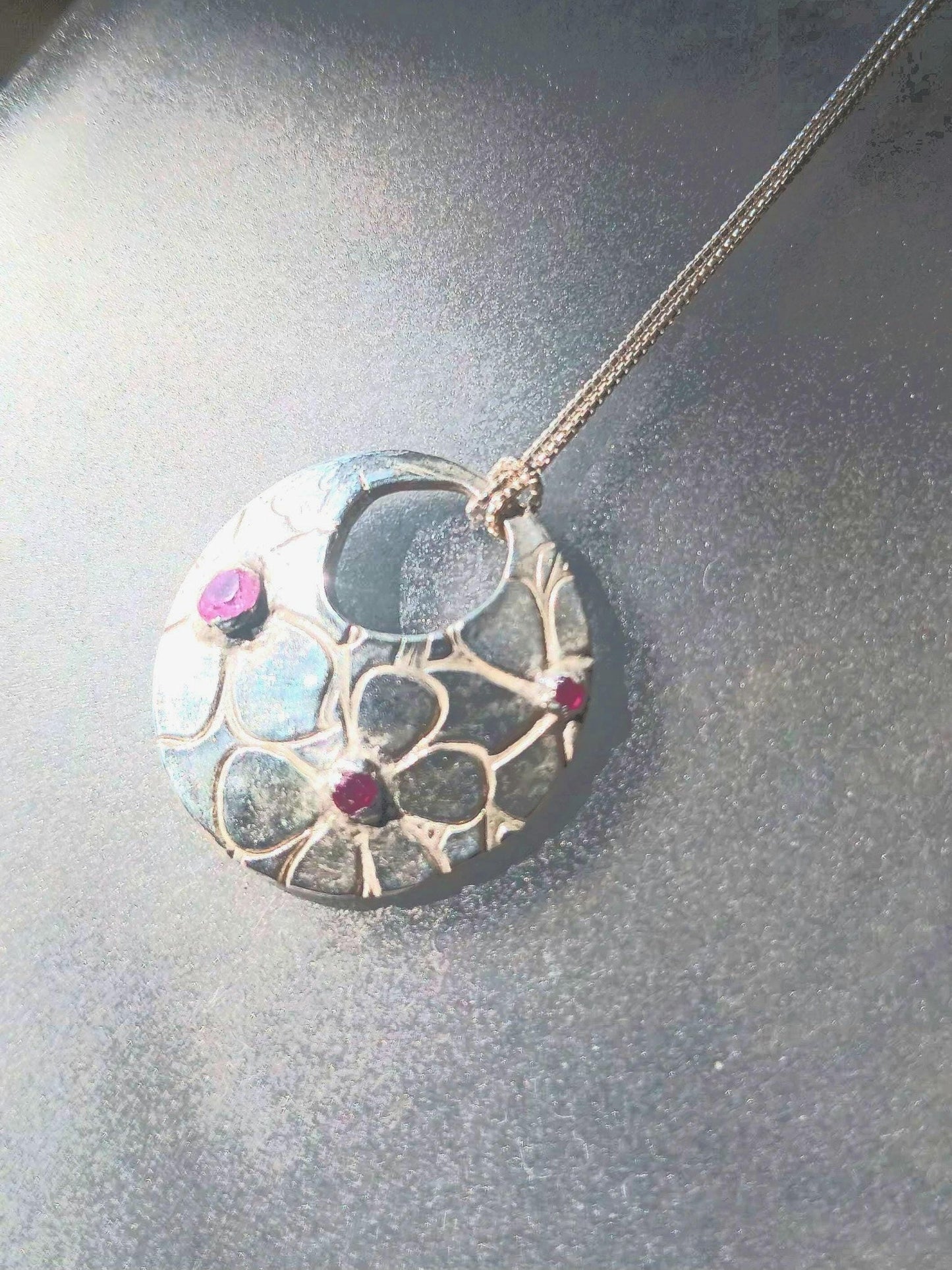 Pink Sapphire Ruby Flower Pendant Fine Silver with Sterling Silver Chain - Gems by Gigi