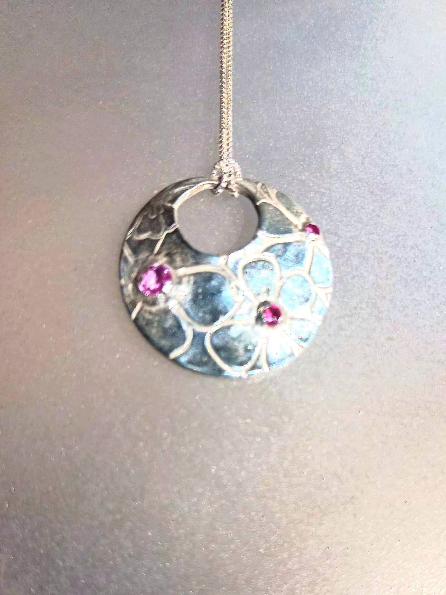 Pink Sapphire Ruby Flower Pendant Fine Silver with Sterling Silver Chain - Gems by Gigi