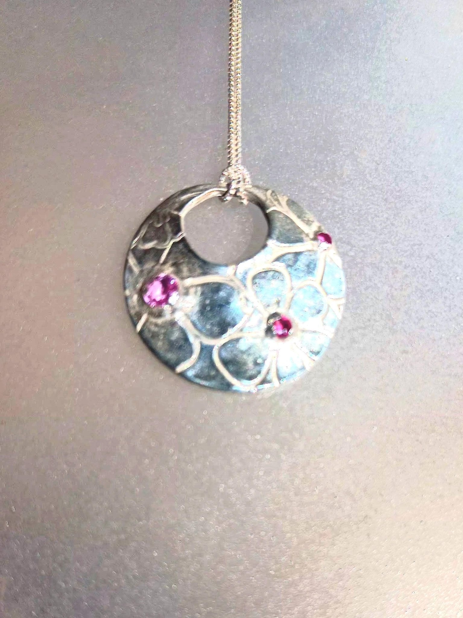 Pink Sapphire Ruby Flower Pendant Fine Silver with Sterling Silver Chain - Gems by Gigi