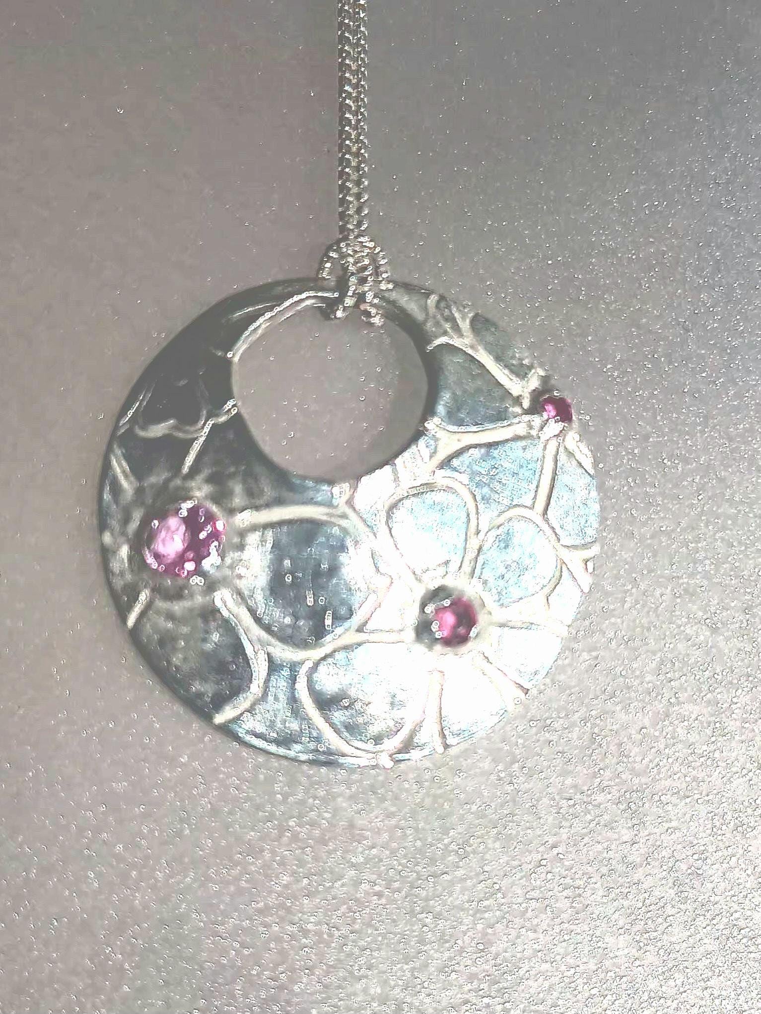 Pink Sapphire Ruby Flower Pendant Fine Silver with Sterling Silver Chain - Gems by Gigi