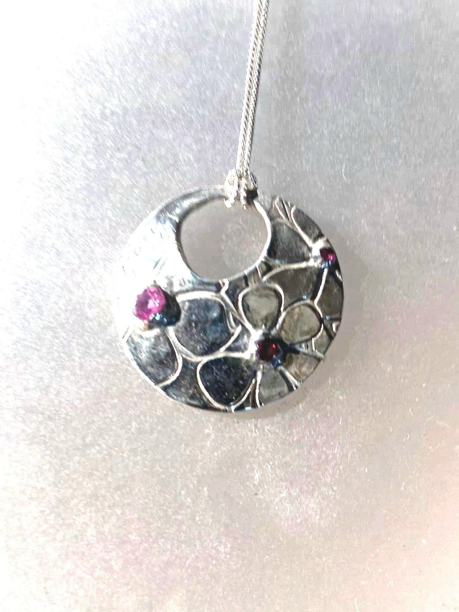 Pink Sapphire Ruby Flower Pendant Fine Silver with Sterling Silver Chain - Gems by Gigi