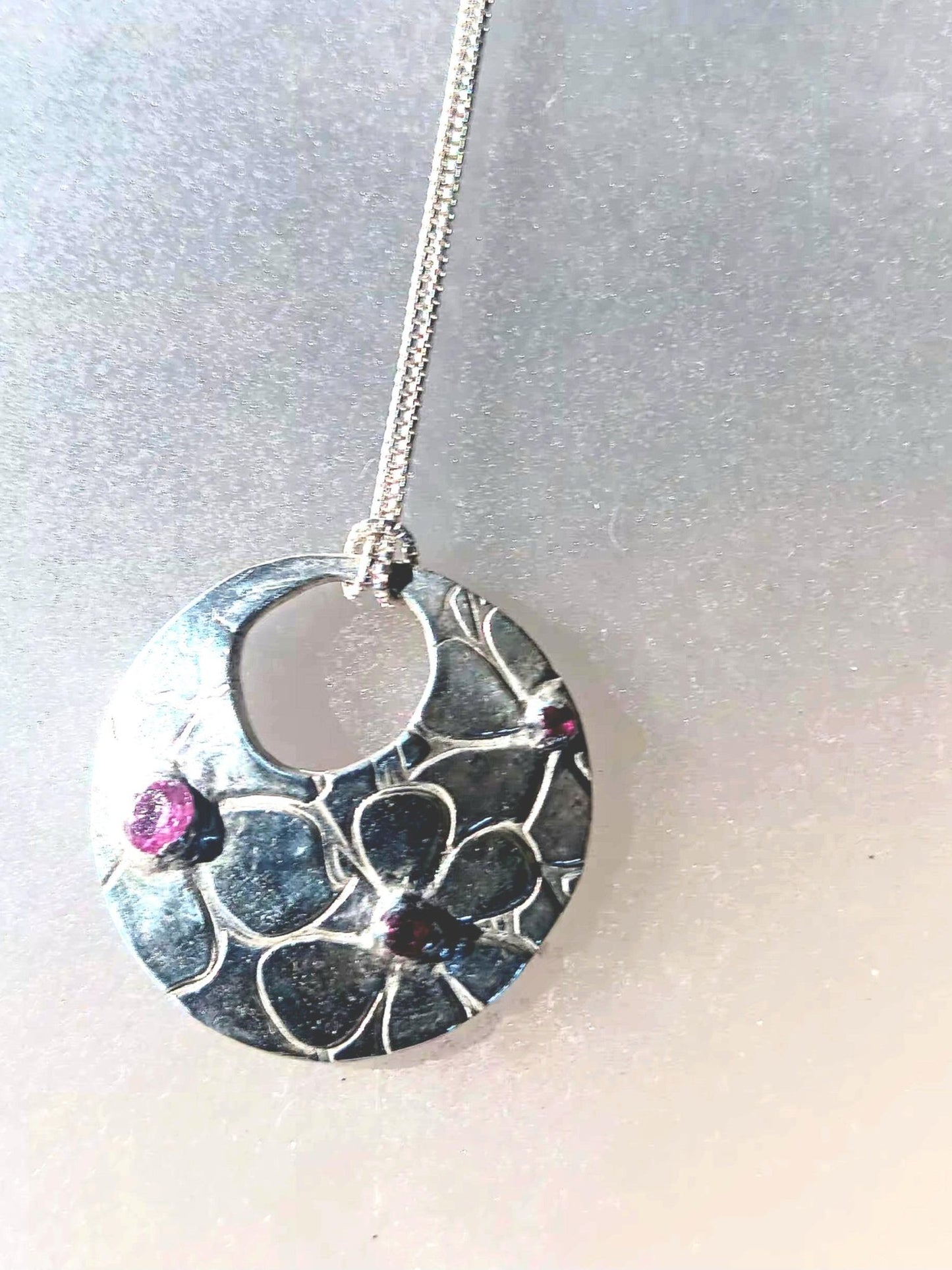 Pink Sapphire Ruby Flower Pendant Fine Silver with Sterling Silver Chain - Gems by Gigi