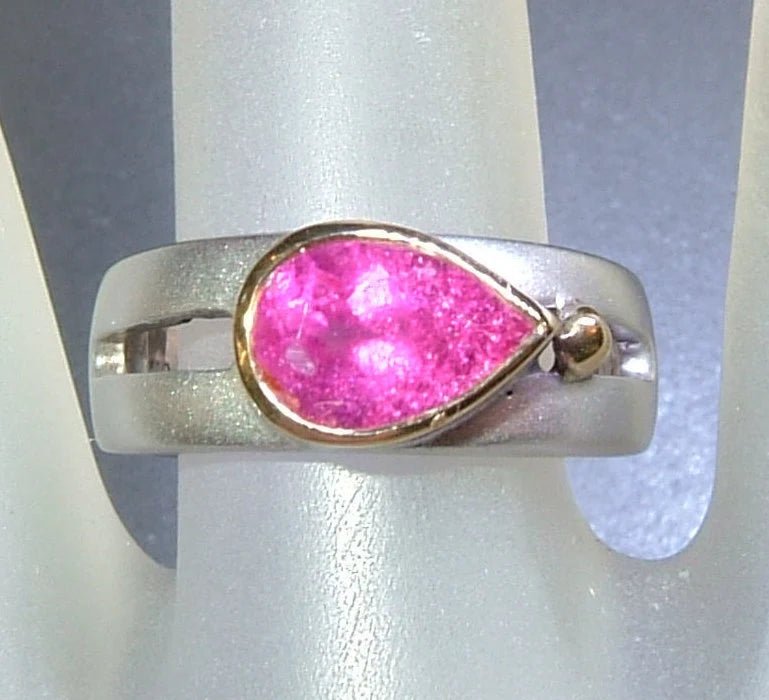 Pink Tourmaline Bezel Solitaire Open Band East West Ring Sterling Silver 18kt Yellow Gold - Gems by Gigi