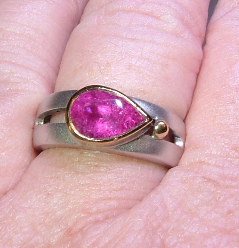 Pink Tourmaline Bezel Solitaire Open Band East West Ring Sterling Silver 18kt Yellow Gold - Gems by Gigi