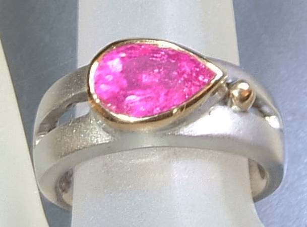 Pink Tourmaline Bezel Solitaire Open Band East West Ring Sterling Silver 18kt Yellow Gold - Gems by Gigi