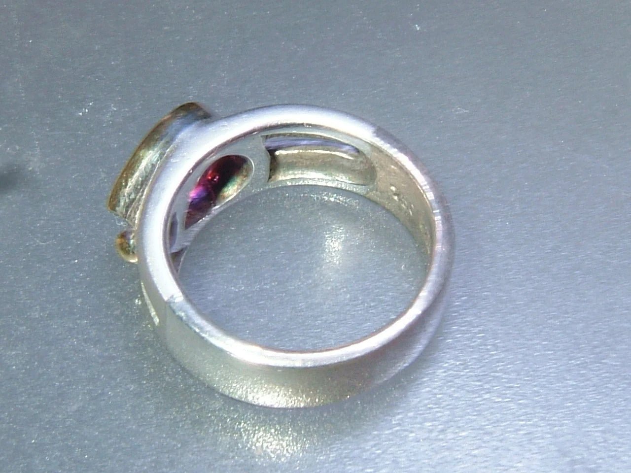 Pink Tourmaline Bezel Solitaire Open Band East West Ring Sterling Silver 18kt Yellow Gold - Gems by Gigi