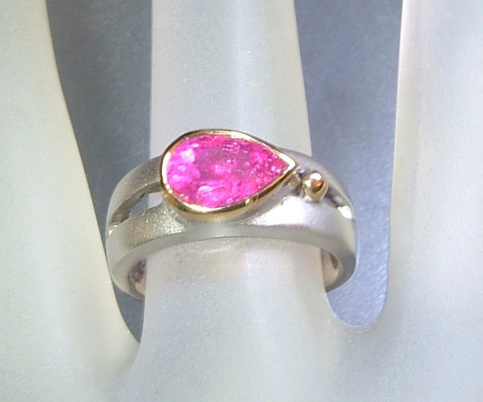 Pink Tourmaline Bezel Solitaire Open Band East West Ring Sterling Silver 18kt Yellow Gold - Gems by Gigi