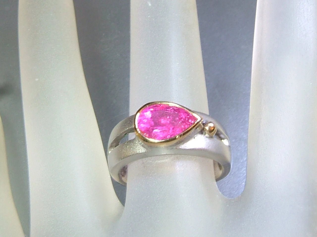 Pink Tourmaline Bezel Solitaire Open Band East West Ring Sterling Silver 18kt Yellow Gold - Gems by Gigi