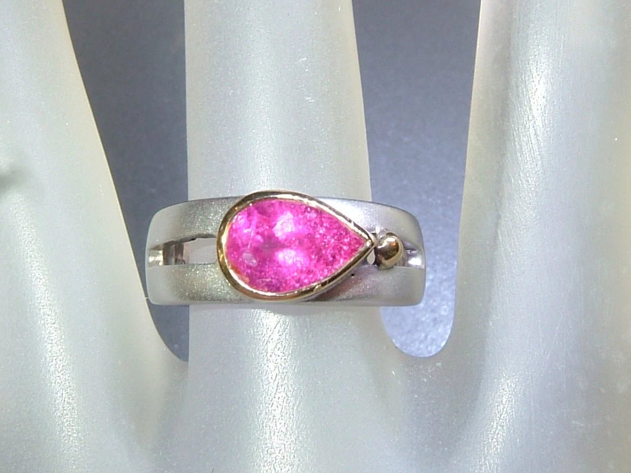 Pink Tourmaline Bezel Solitaire Open Band East West Ring Sterling Silver 18kt Yellow Gold - Gems by Gigi