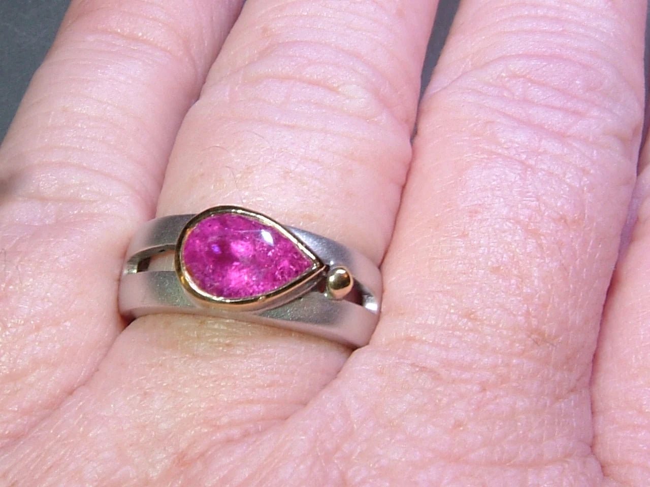 Pink Tourmaline Bezel Solitaire Open Band East West Ring Sterling Silver 18kt Yellow Gold - Gems by Gigi