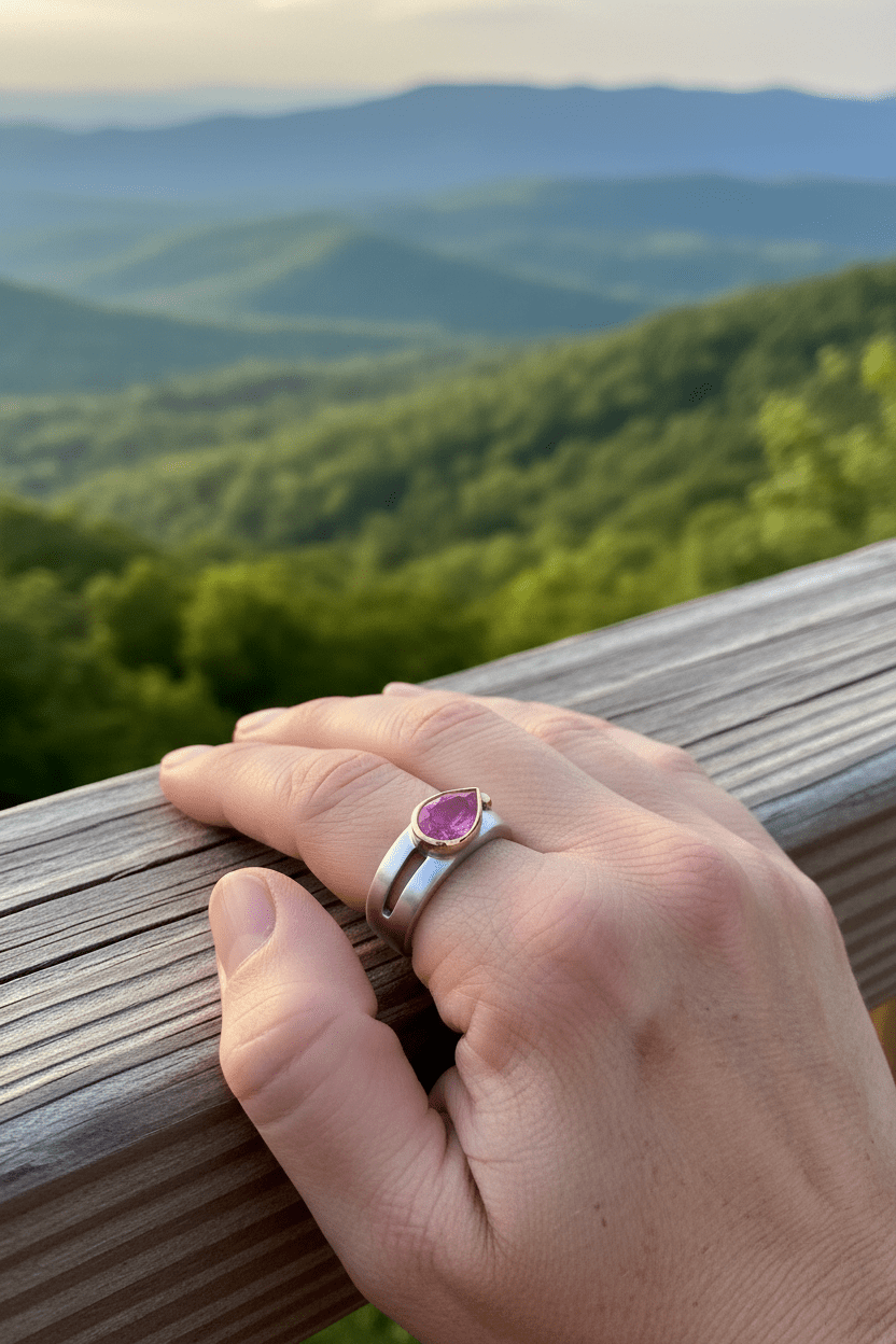 Pink Tourmaline Bezel Solitaire Open Band East West Ring Sterling Silver 18kt Yellow Gold - Gems by Gigi