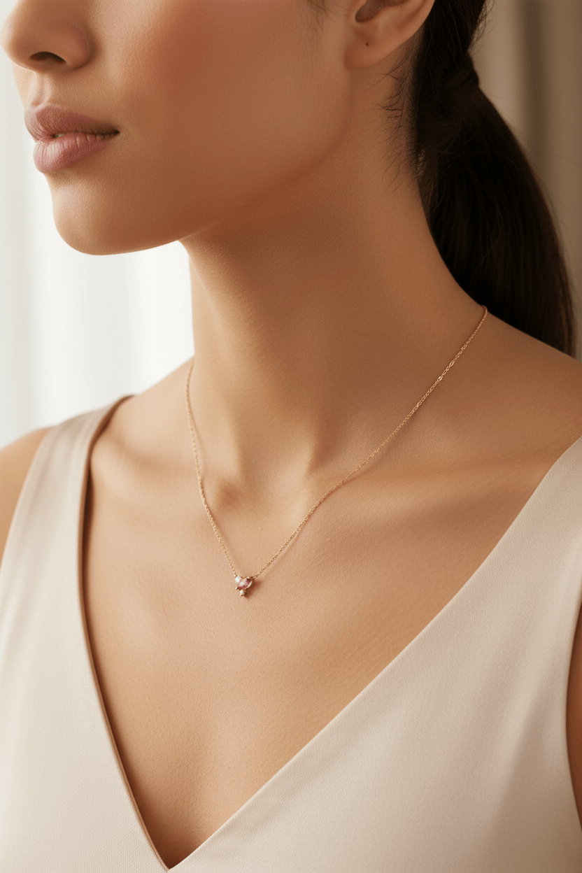 Pink Tourmaline Lab Grown Diamond Necklace Yellow Gold 10kt - Gems by Gigi