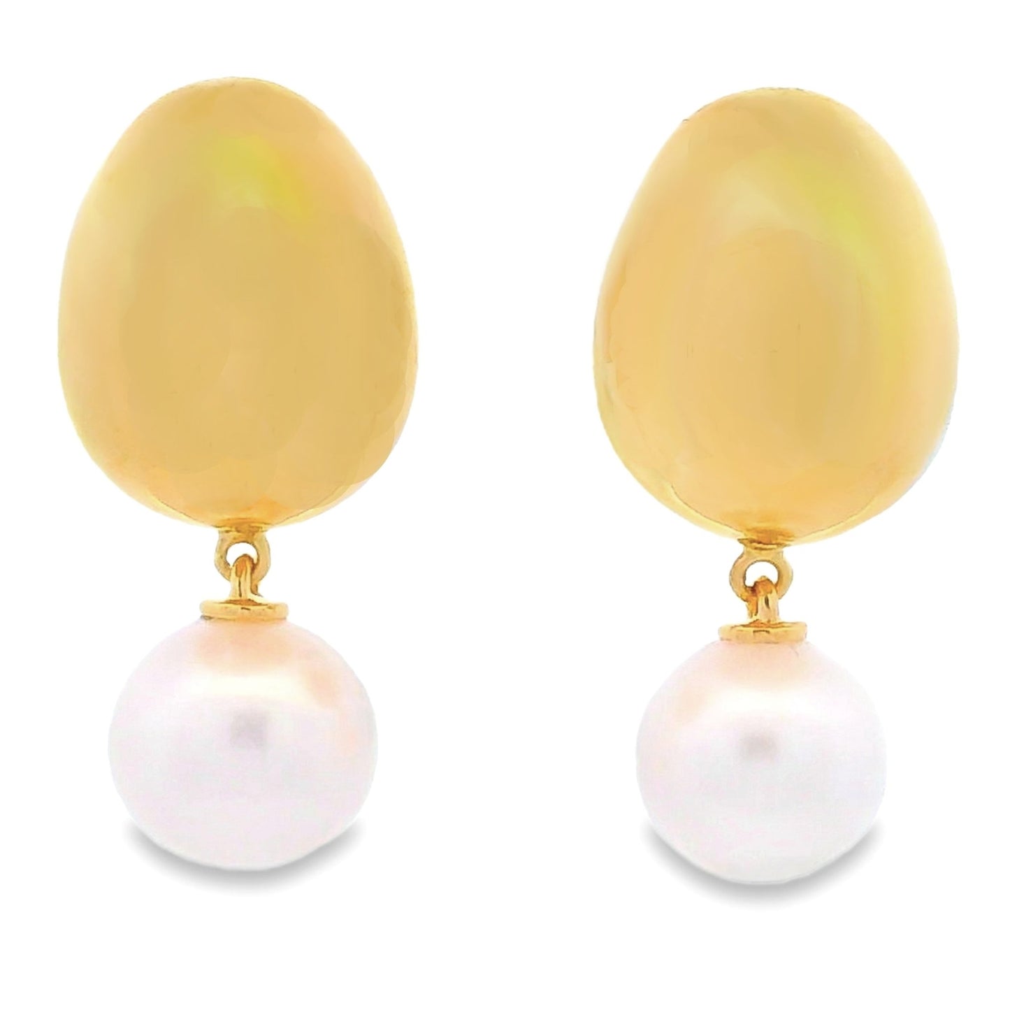 Puffed Gold Pearl Dangle Earrings Yellow Gold14kt - Gems by Gigi
