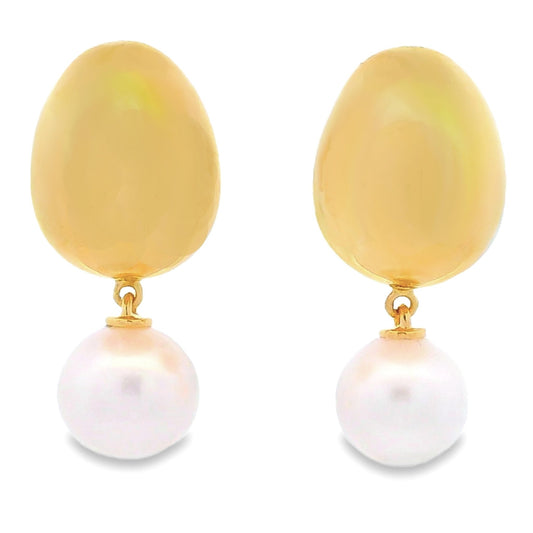 Puffed Gold Pearl Dangle Earrings Yellow Gold14kt - Gems by Gigi