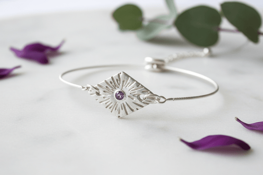 Purple Sapphire Diamond Shape Fine Silver Bolo Bracelet - Gems by Gigi