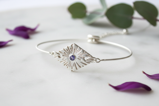 Purple Sapphire Diamond Shape Fine Silver Bolo Bracelet