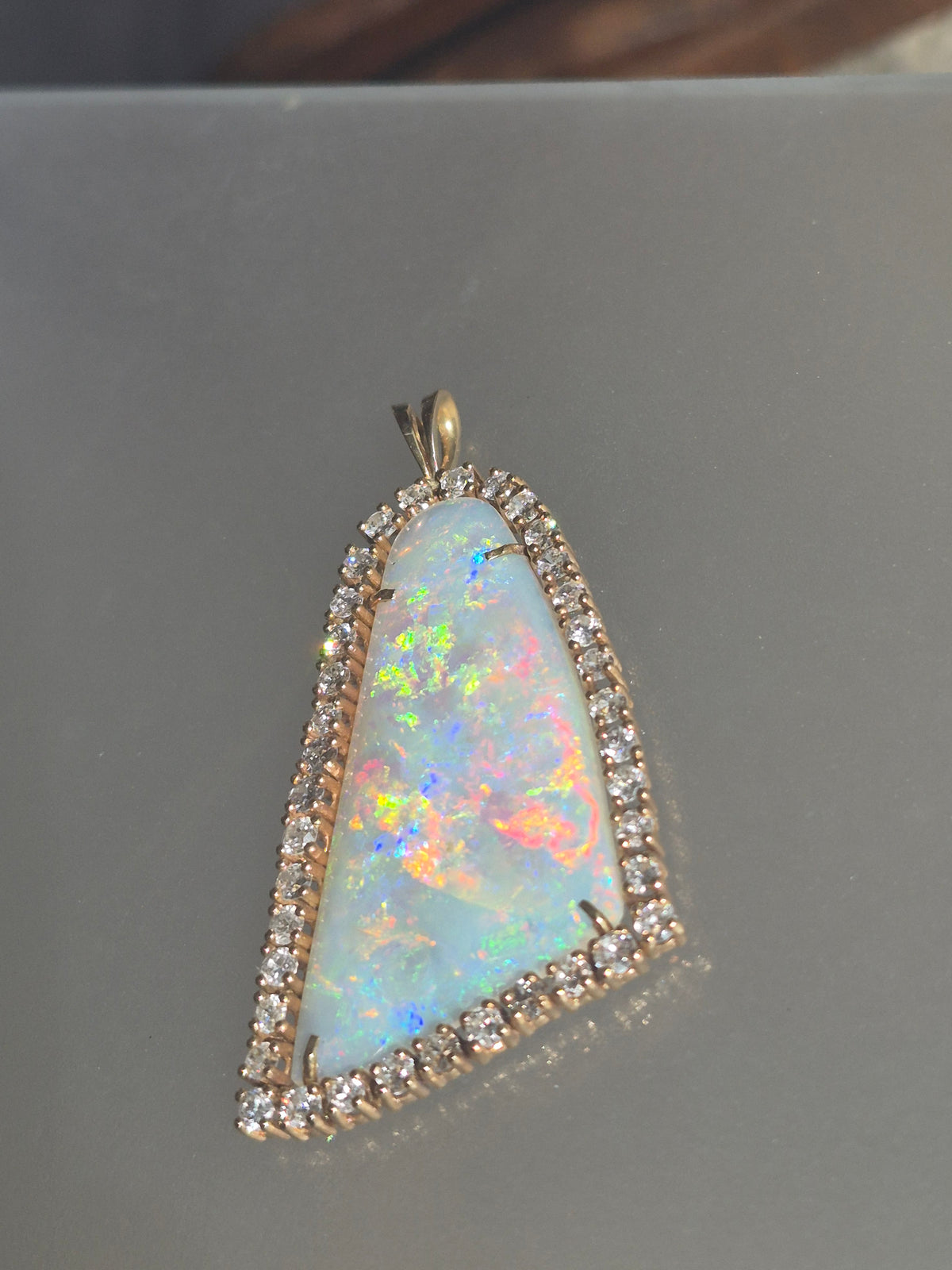 Australian Opal Diamond Halo Pendant Bell Shaped Yellow Gold 14kt