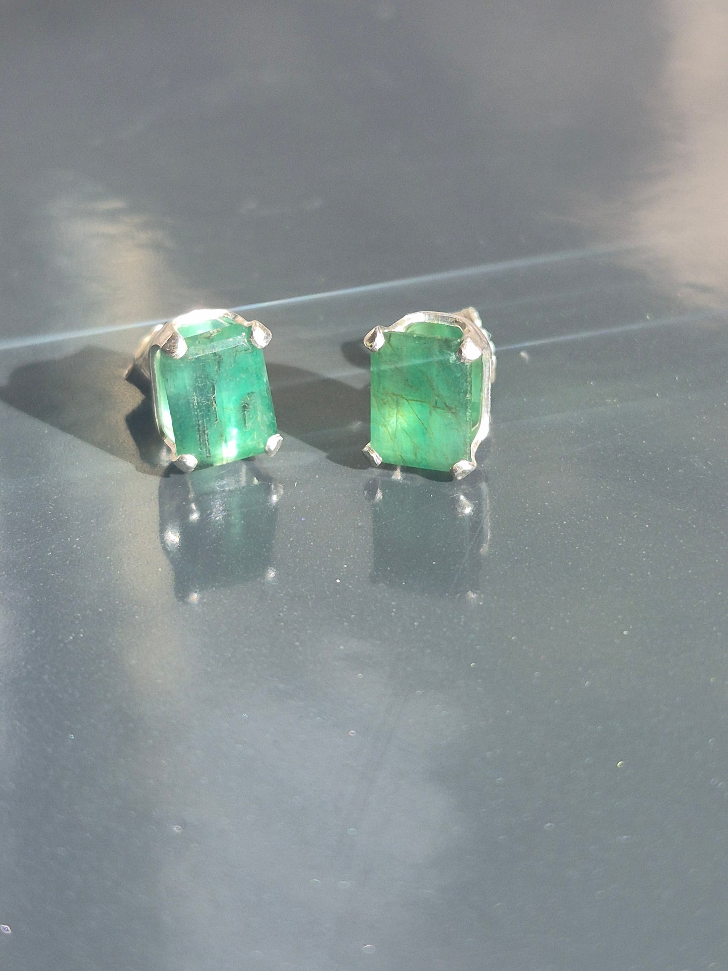 Emerald Cut Natural Emerald Stud Earrings Sterling Silver 1.67cttw