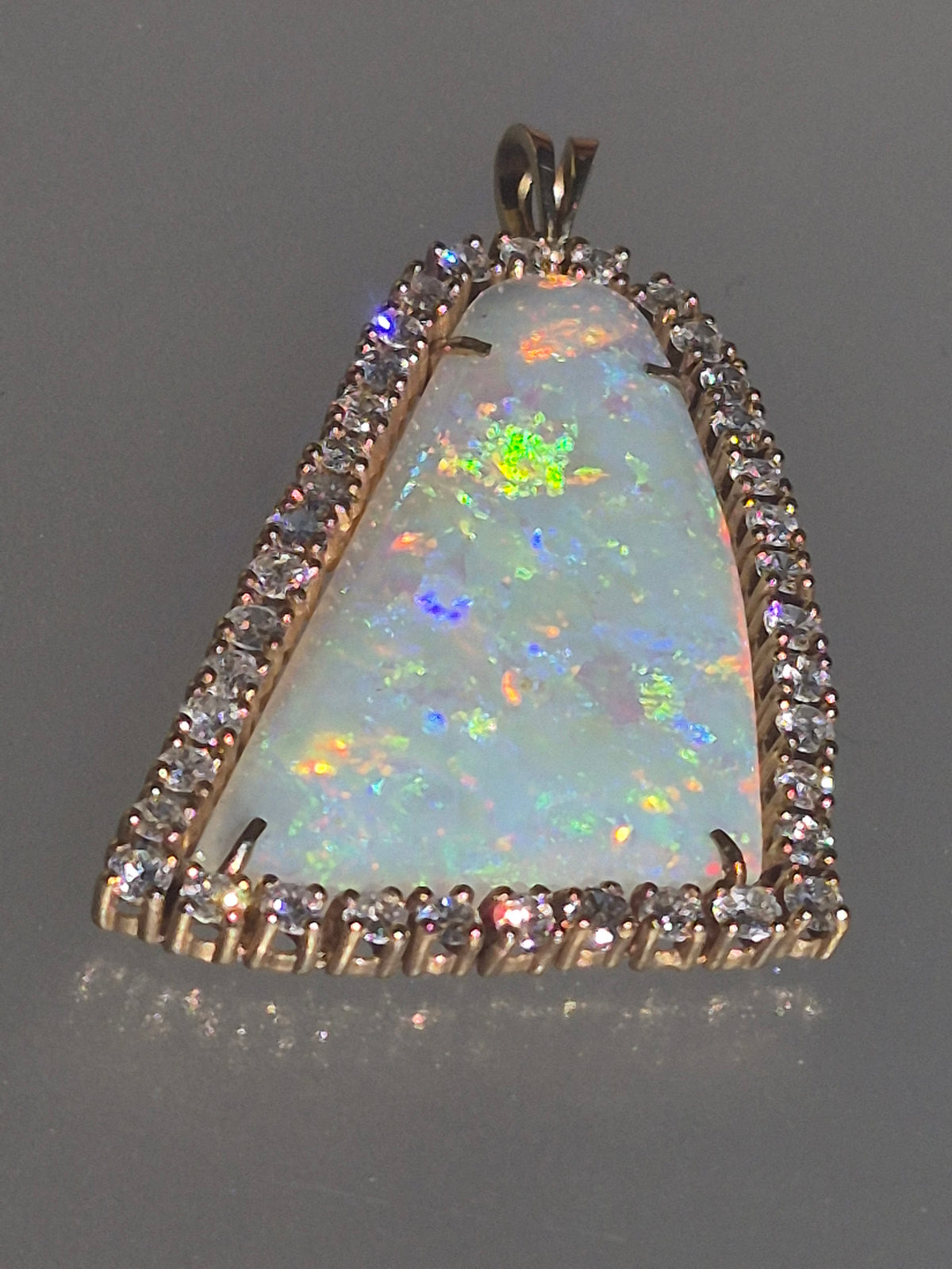 Australian Opal Diamond Halo Pendant Bell Shaped Yellow Gold 14kt