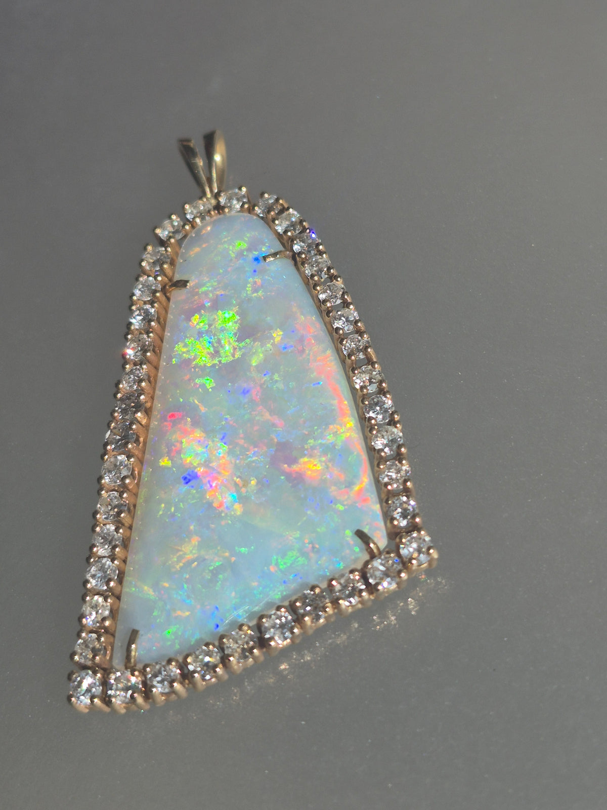 Australian Opal Diamond Halo Pendant Bell Shaped Yellow Gold 14kt