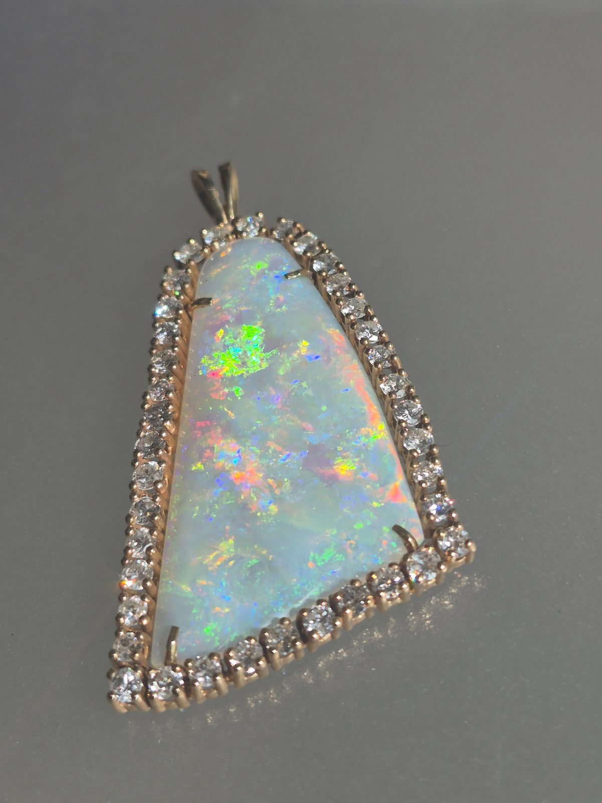 Australian Opal Diamond Halo Pendant Bell Shaped Yellow Gold 14kt