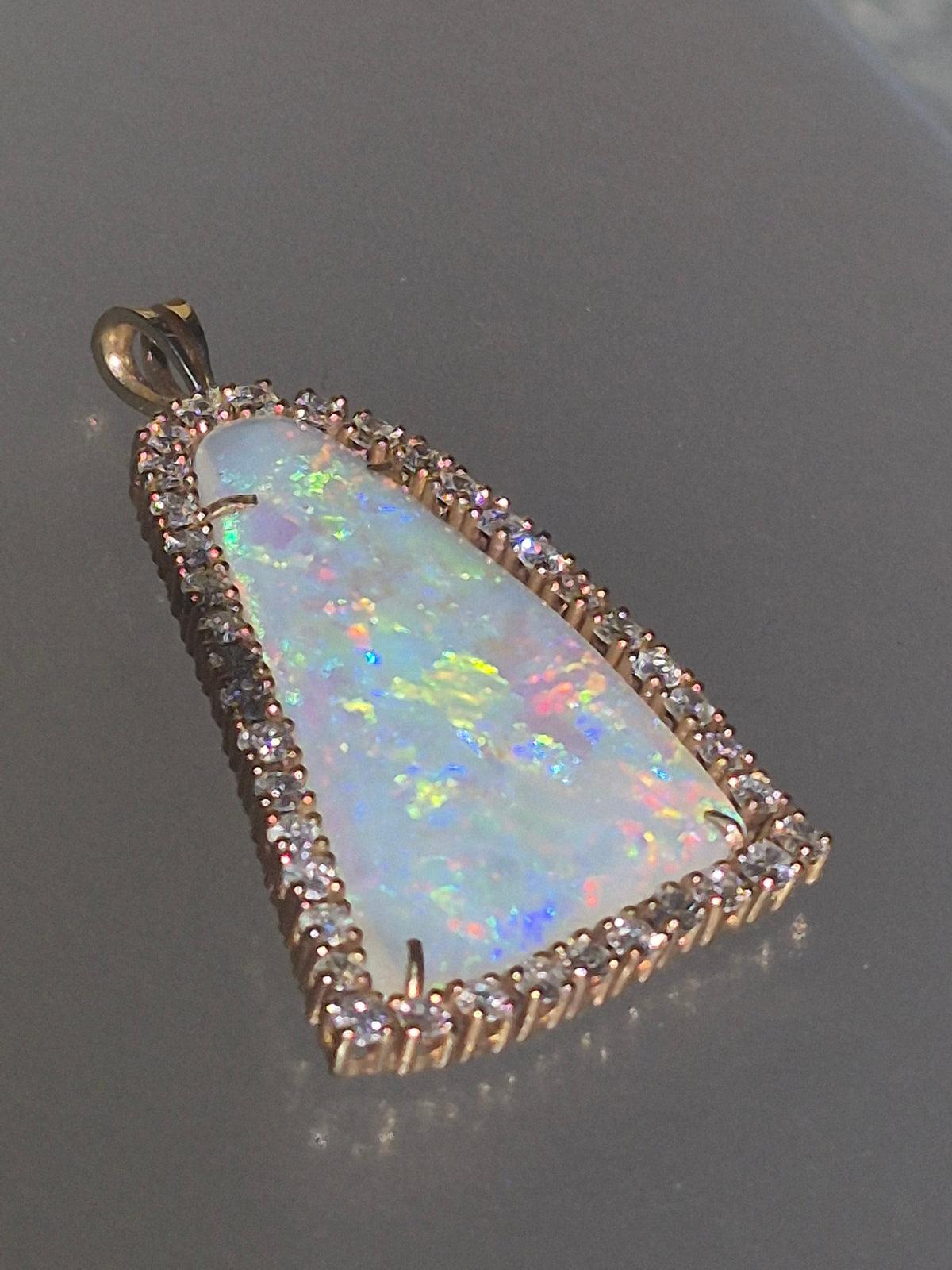Australian Opal Diamond Halo Pendant Bell Shaped Yellow Gold 14kt