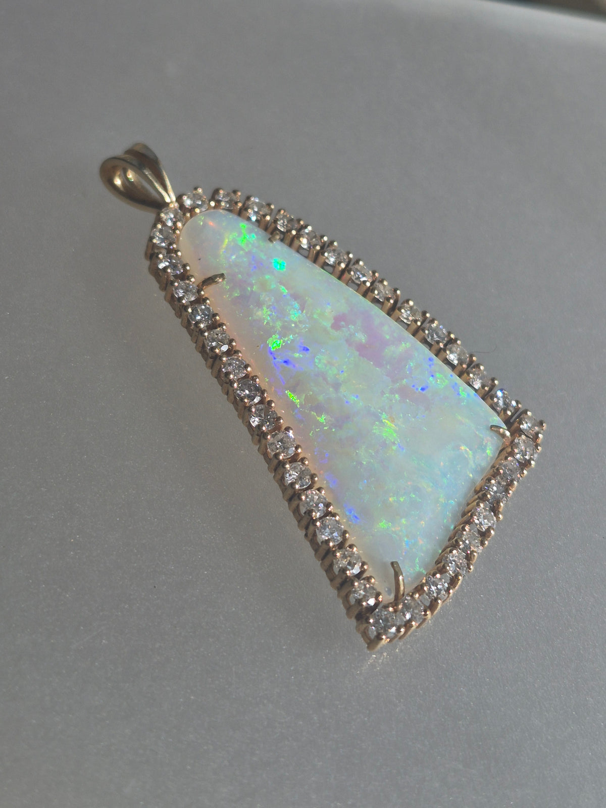 Australian Opal Diamond Halo Pendant Bell Shaped Yellow Gold 14kt