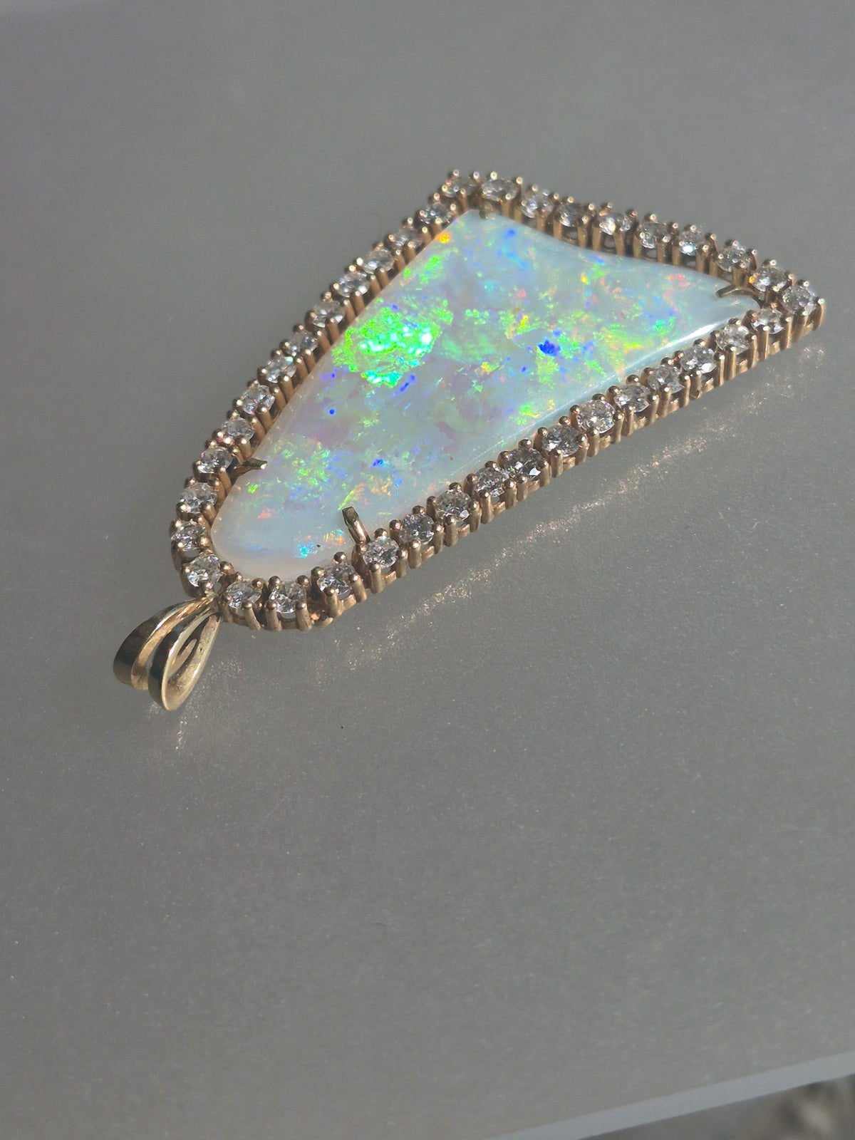 Australian Opal Diamond Halo Pendant Bell Shaped Yellow Gold 14kt