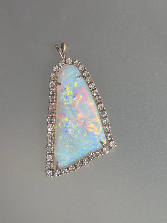 Australian Opal Diamond Halo Pendant Bell Shaped Yellow Gold 14kt
