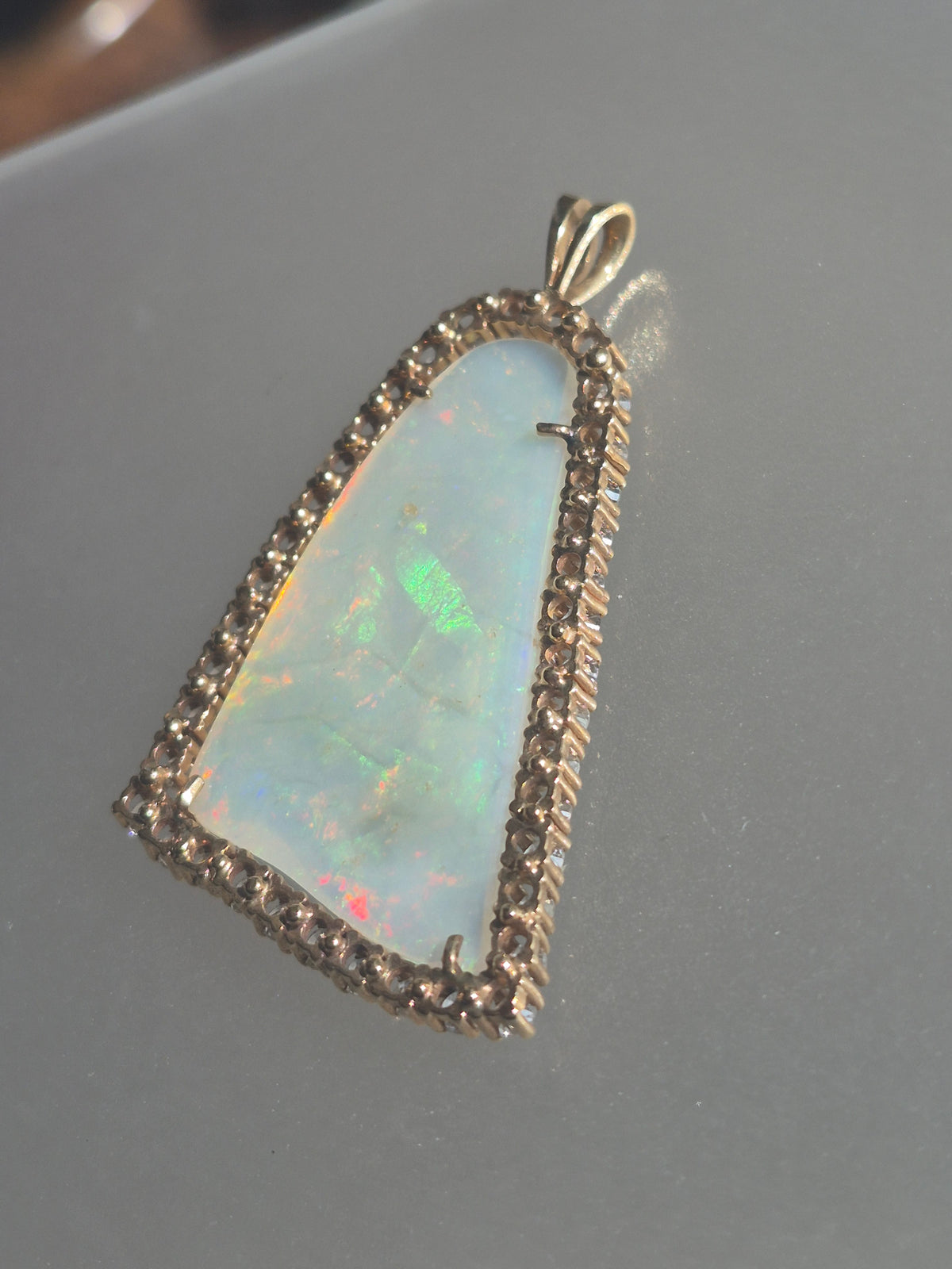 Australian Opal Diamond Halo Pendant Bell Shaped Yellow Gold 14kt